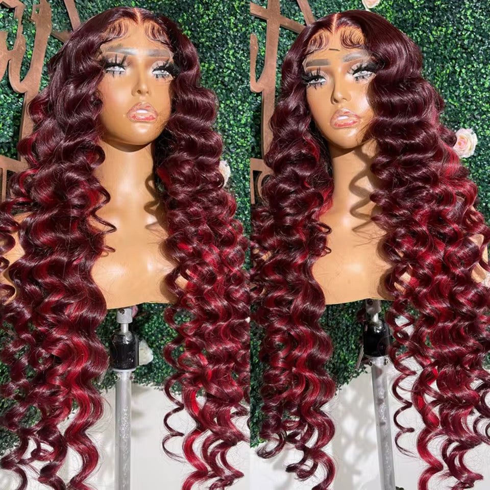 Perruque bouclée lace front – Couleur bordeaux